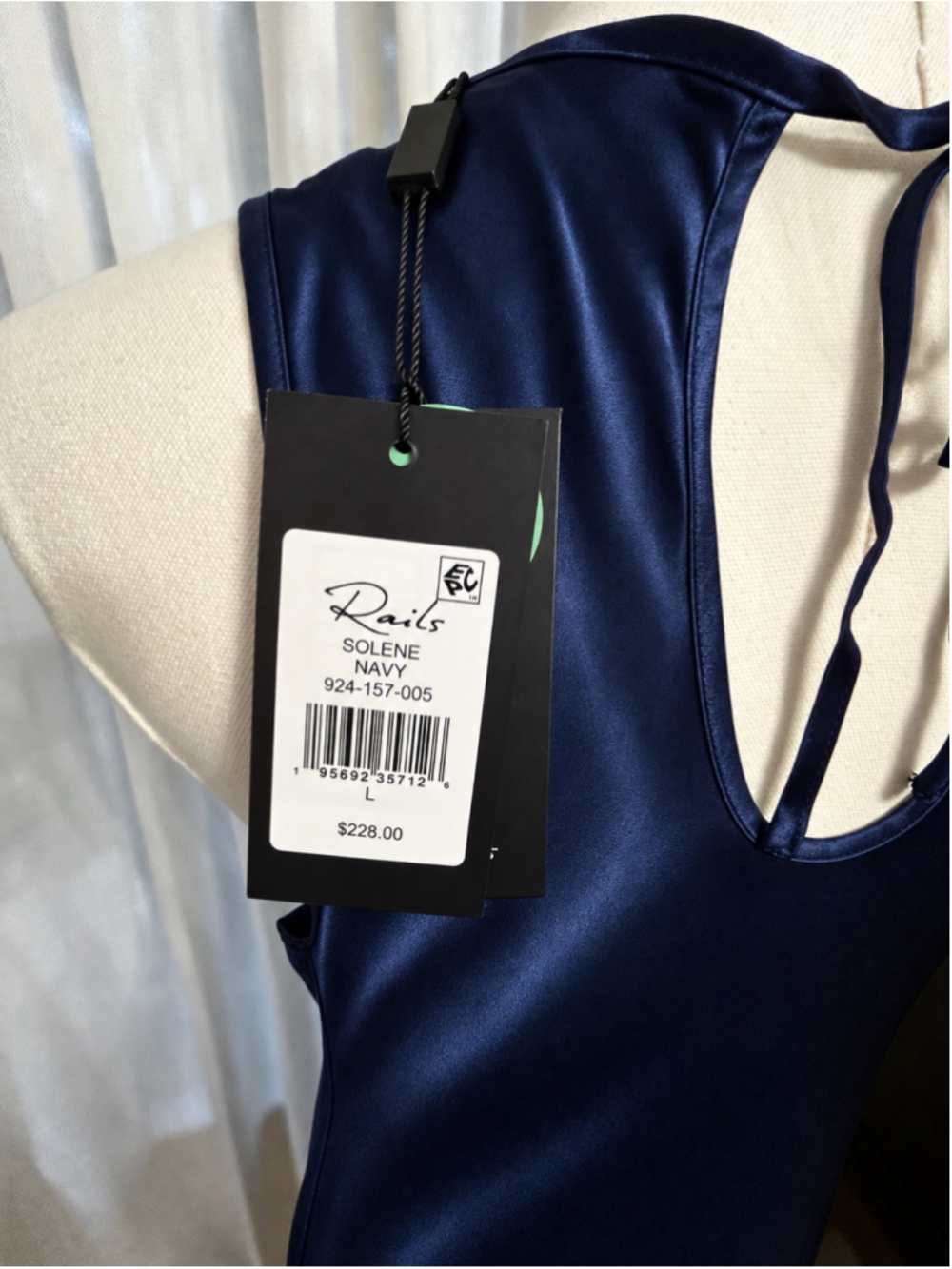 Rails Solene Navy Satin Maxi Dress Size L NWT $228 Open Back Tie - Picture 7 of 7